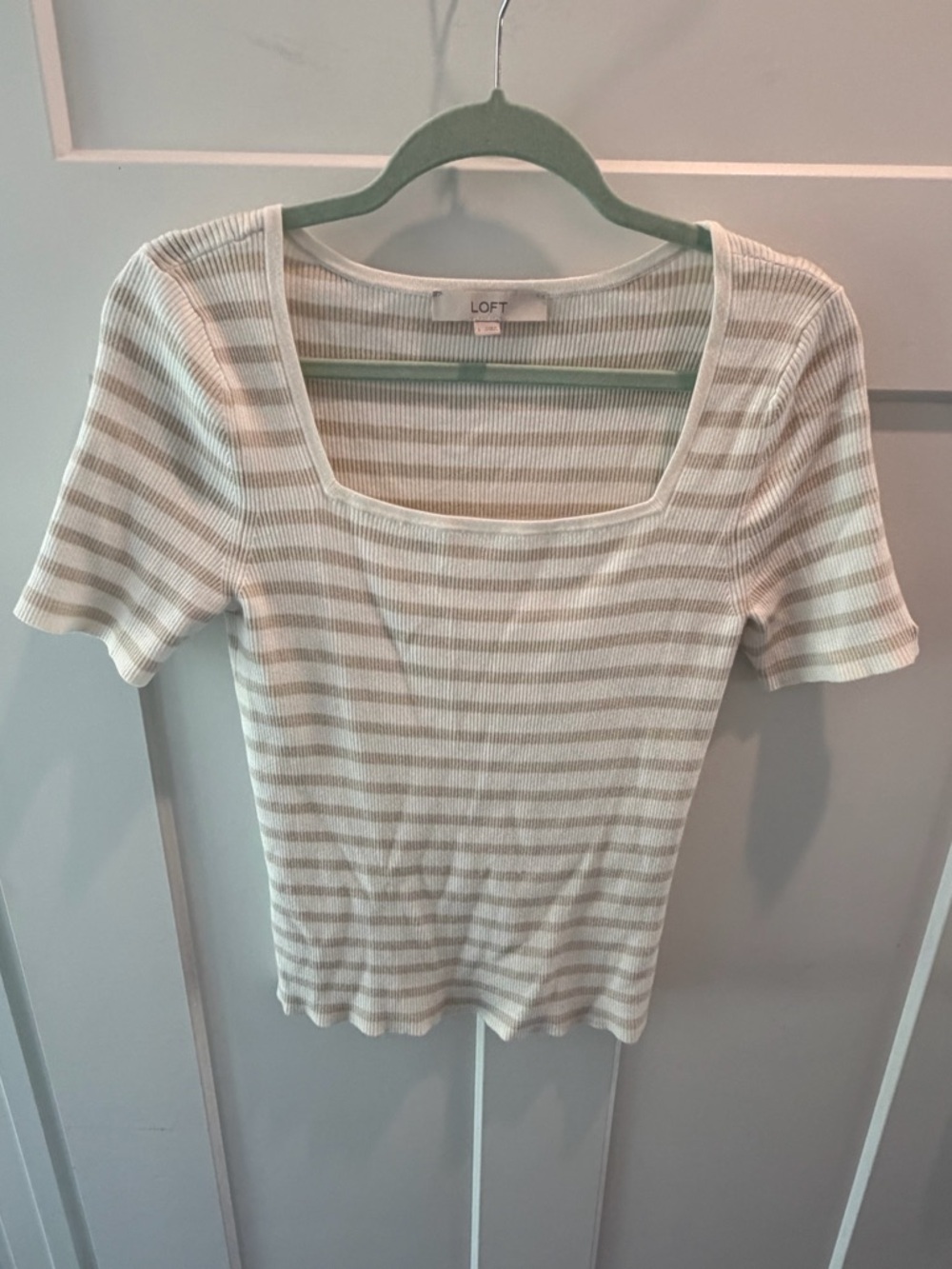 LOFT Ribbed Square Neck Top Large Neutral Stripe Fitted Tee